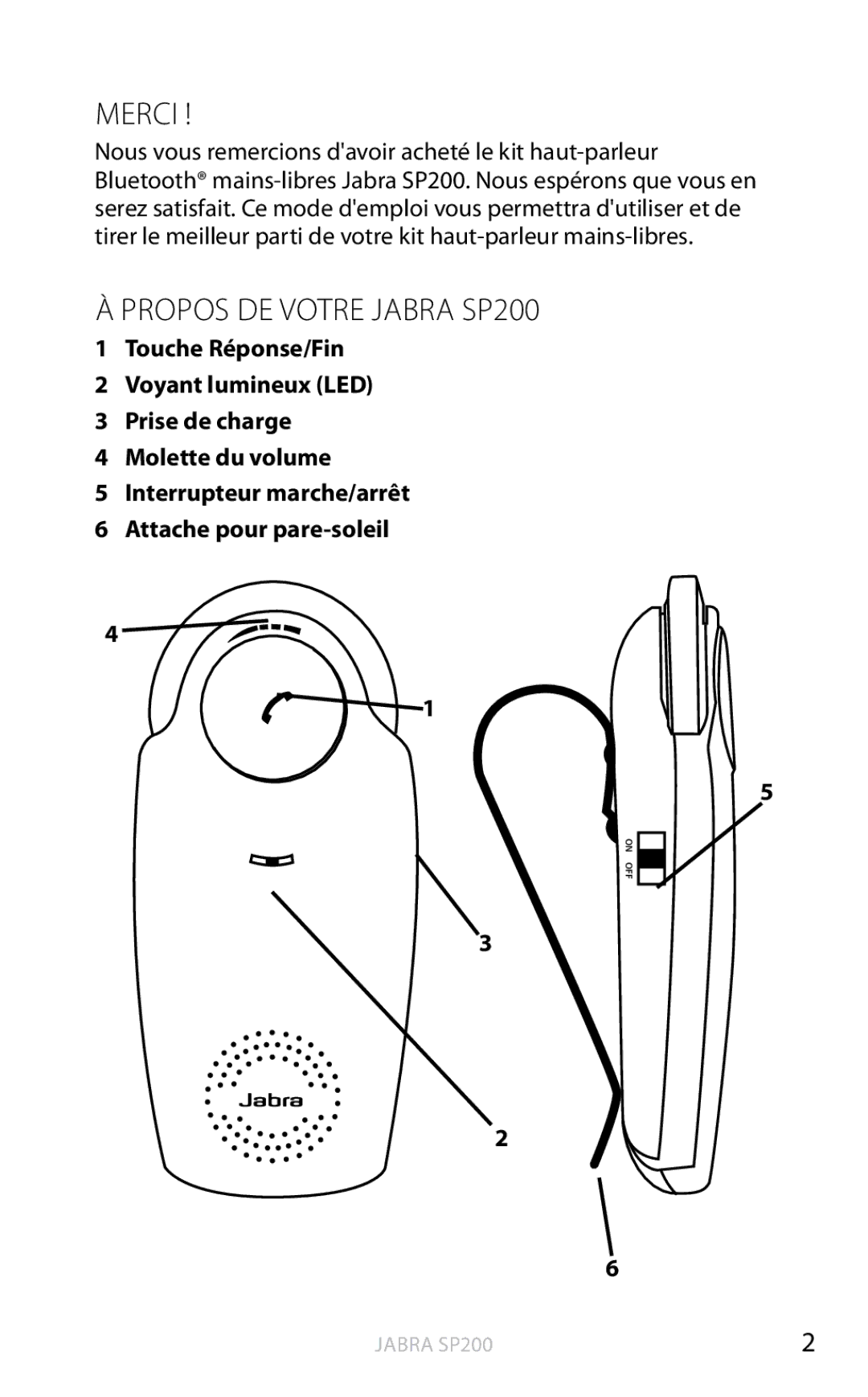 Jabra user manual Merci , Propos DE Votre Jabra SP200 